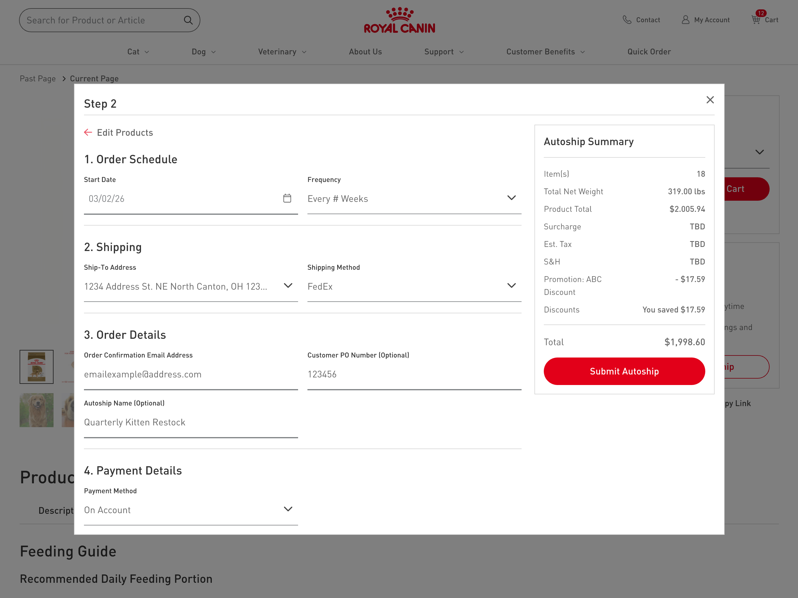 Design of autoship modal on product page