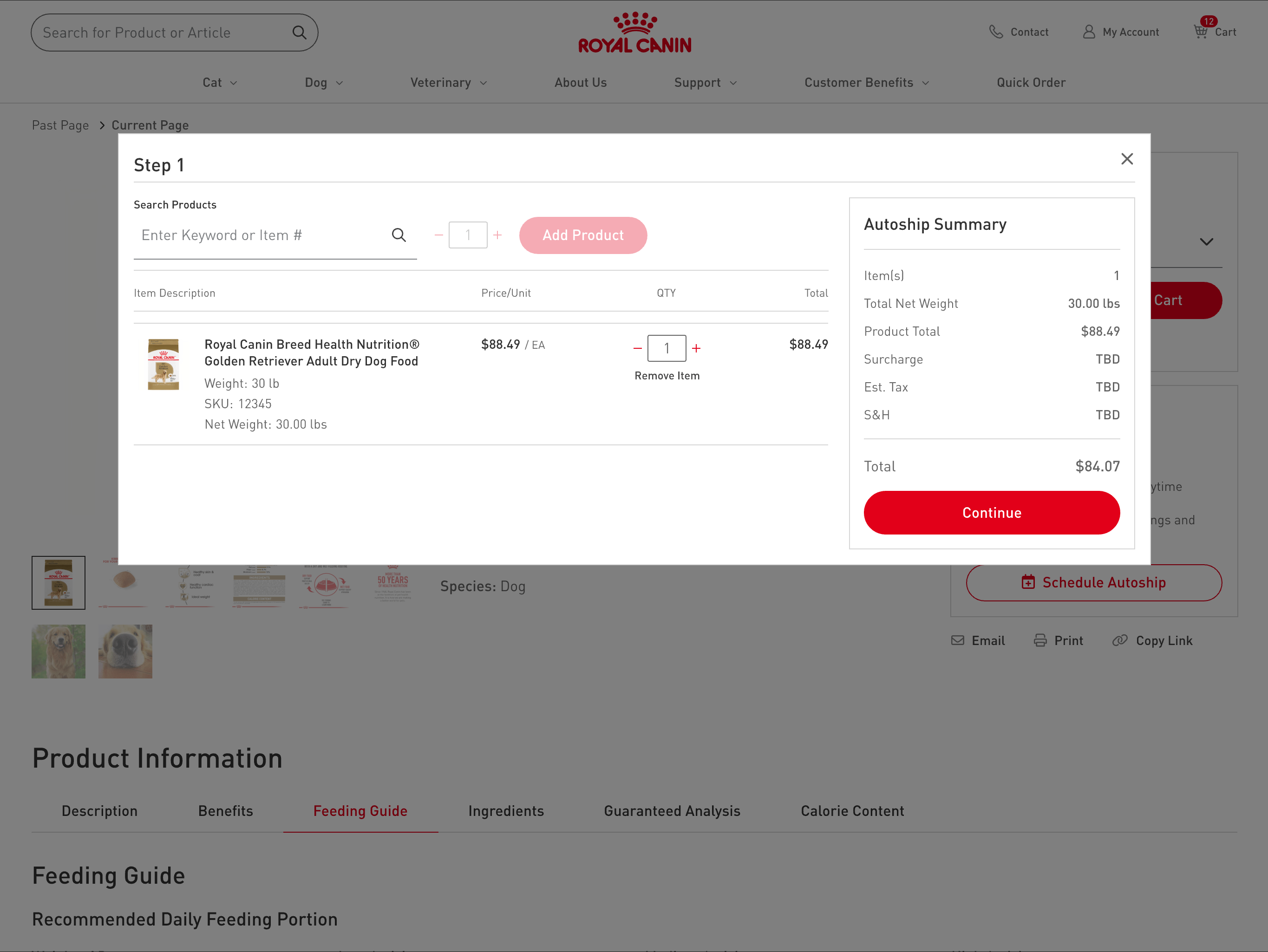 Design of autoship modal on product page